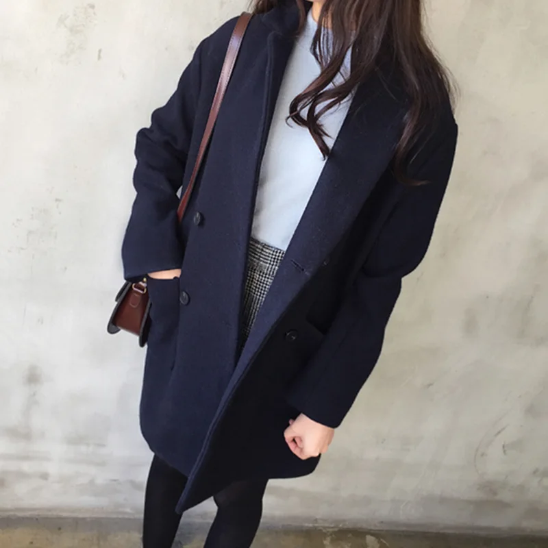 Темно синее Женское шерстяное пальто 2018 осень зима корейский длинный рукав