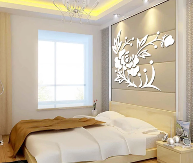 New arrival  Peony 3d Acrylic mirror wall stickers Bedroom tv sofa background wall embossed decoration Home DIY Art wall decor