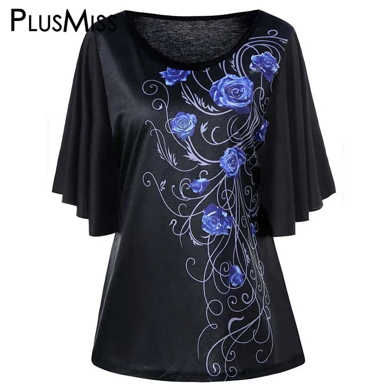 PlusMiss размера плюс 5XL Цветочный принт рукав летучая мышь футболка женская одежда