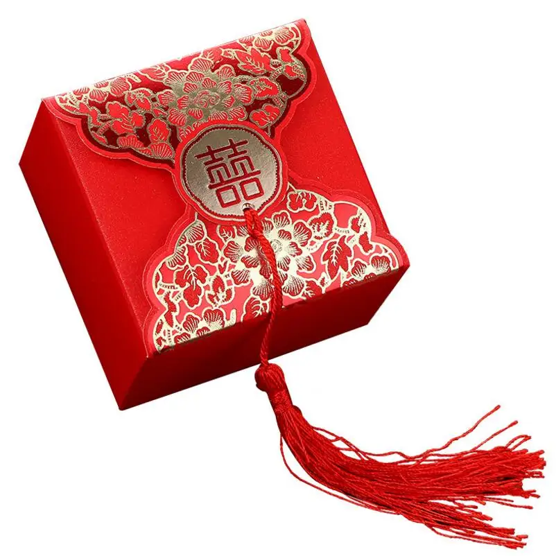 

30pcs/lot New Tassel Pendant Square Red Paper Gift Box Hollow Flower Wedding Party Candy Chocolate Box