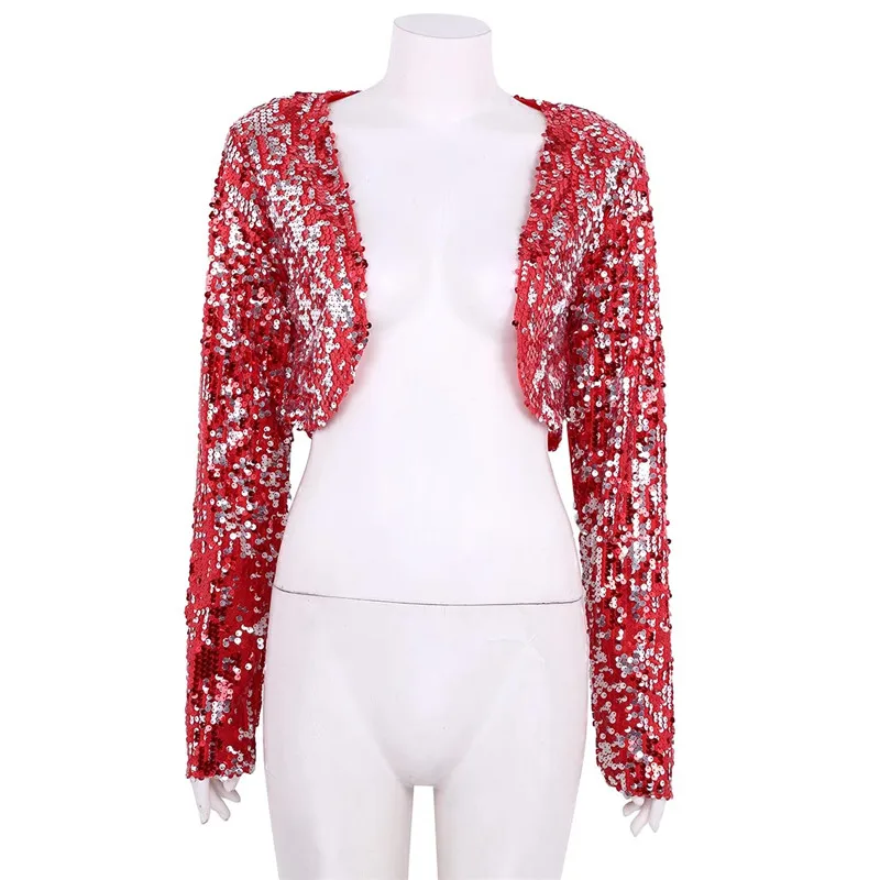 Для театрализованного свадебного торжества, коктейльный женский Блестящий жакет с блестками, с длинным рукавом, с открытым передом, блестящий укороченный пиджак, болеро, топы