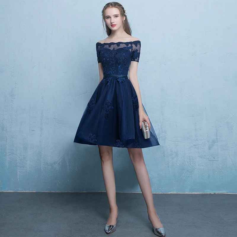 Платье вечернее Navy Blue с завязками на шнуровке с аппликациями короткое спереди, длинное сзади, платье на вечеринку с применением блесток и шифона.