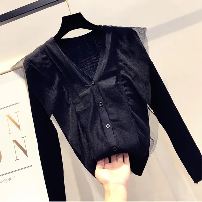 black Новые весенние женские модные вязанные кардиганы сетчатые сшивные свитера осенние с v-образным вырезом элегантные оборки кардиган свитер Трикотажное изделие - Цвет: black
