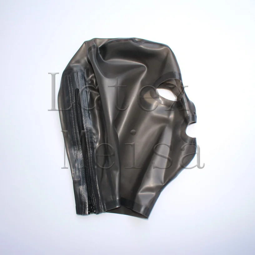 

Transparent black novelty latex hoods open eyes mouth and nostrils with back zip for adults