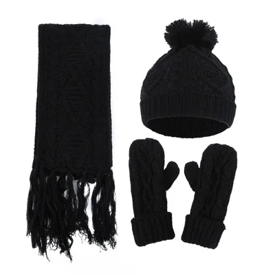 Черный Для женщин из ромбов, вязаная шерстяная шапка, шарф и Перчатки трехсекционная напольная теплая шапка и шарф костюм зимой 3 шт./компл - Цвет: Черный