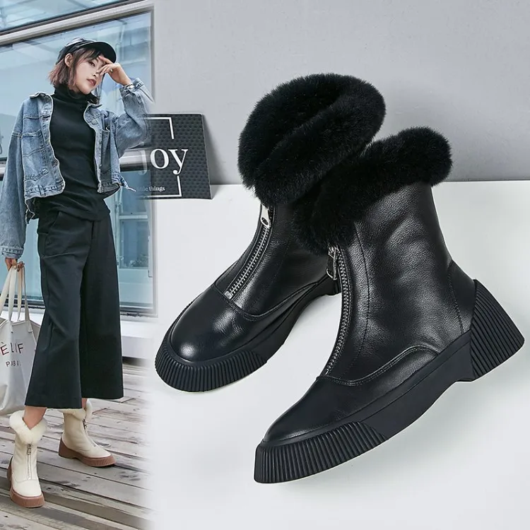 GPOKHDS women snow boots cow leather zippers winter warm wool blend round toe high heels boots