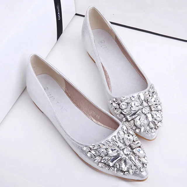 Silver Модный яркий кристалл; туфли на плоской подошве; женские туфли-лодочки; Повседневные балетки на низком каблуке с острым носком; женская свадебная обувь со стразами - Цвет: Silver