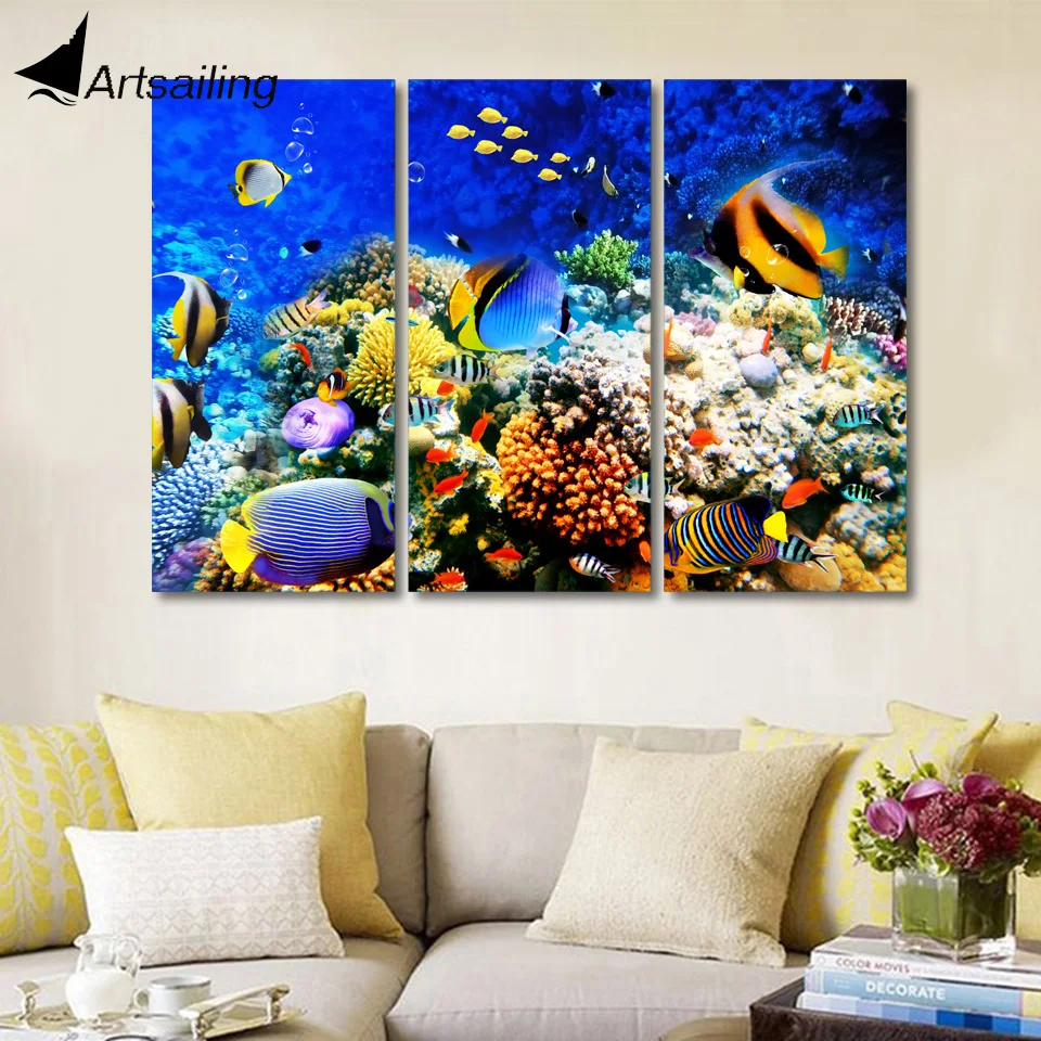 HD печать морской коралл с рыбами морского дна картина холст декор комнаты плакат