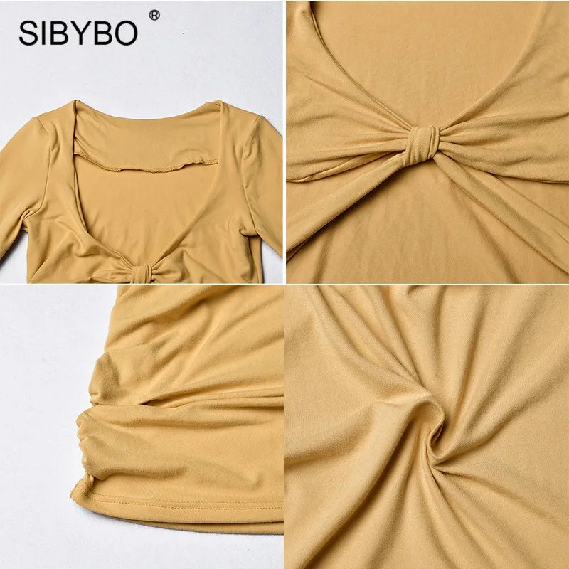Sibybo, выдалбливают, плиссированное, мини, сексуальное платье для женщин, v-образный вырез, длинный рукав, завязанное узлом, осеннее, облегающее платье, Пляжное, для девушек, повседневные платья