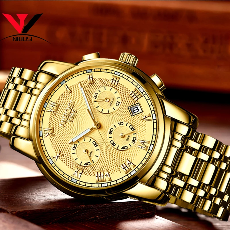 NIBOSI полностью золотые аналоговые кварцевые наручные часы Мужские Лидирующий