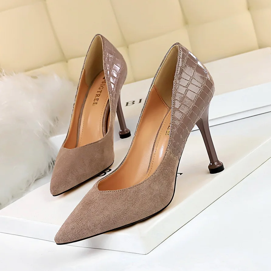 

Occident Women Sexy Flock Splice Snake PU High Heel Pumps Shoes Ladies Shallow Pointed Toe Slip-On Party 9CM Thin Heels Shoes