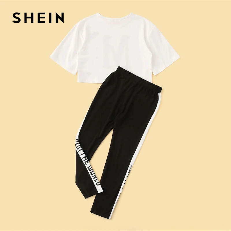 SHEIN/комплект детской одежды для девочек: футболка с буквенным принтом и контрастные леггинсы по бокам; коллекция года; летняя одежда для активного отдыха; костюм с короткими рукавами и цветными блоками