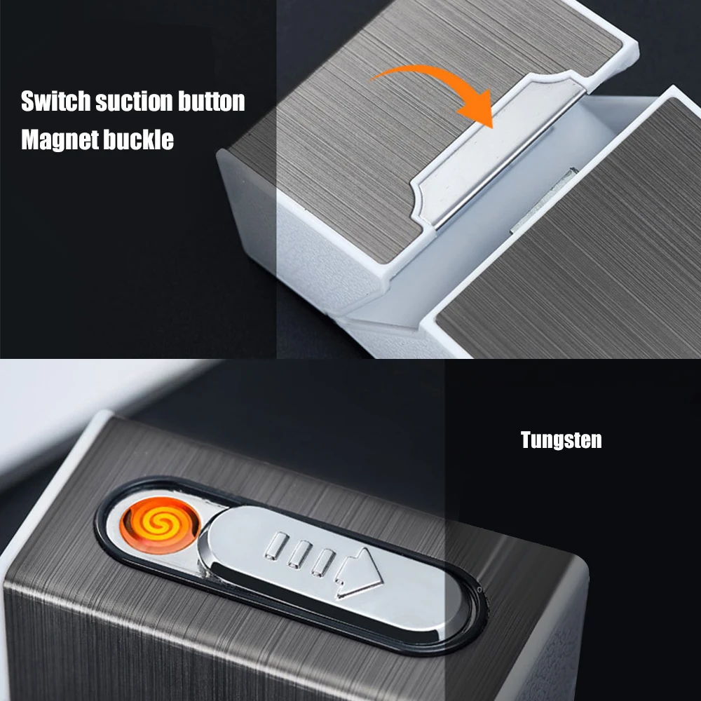 2-in-1 Cigarette Case Box charged electronic Lighter Aluminum Alloy USB Rechargeable Windproof cigar box 20-pack metal Men Gift