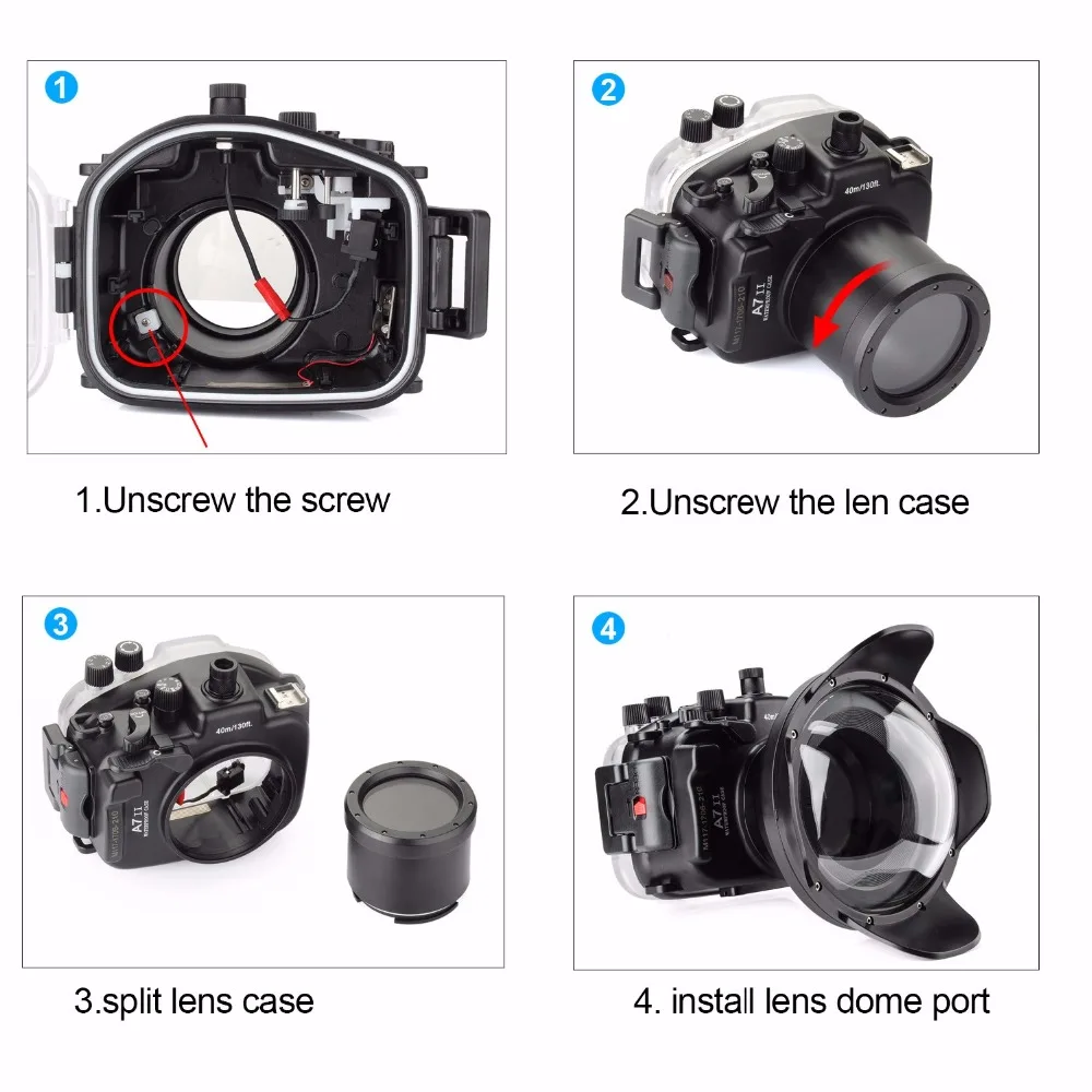 Подводный водонепроницаемый чехол Meikon A7II A7R II 40M для Sony A7S w/ Fisheye Dome Port Lens|waterproof case for