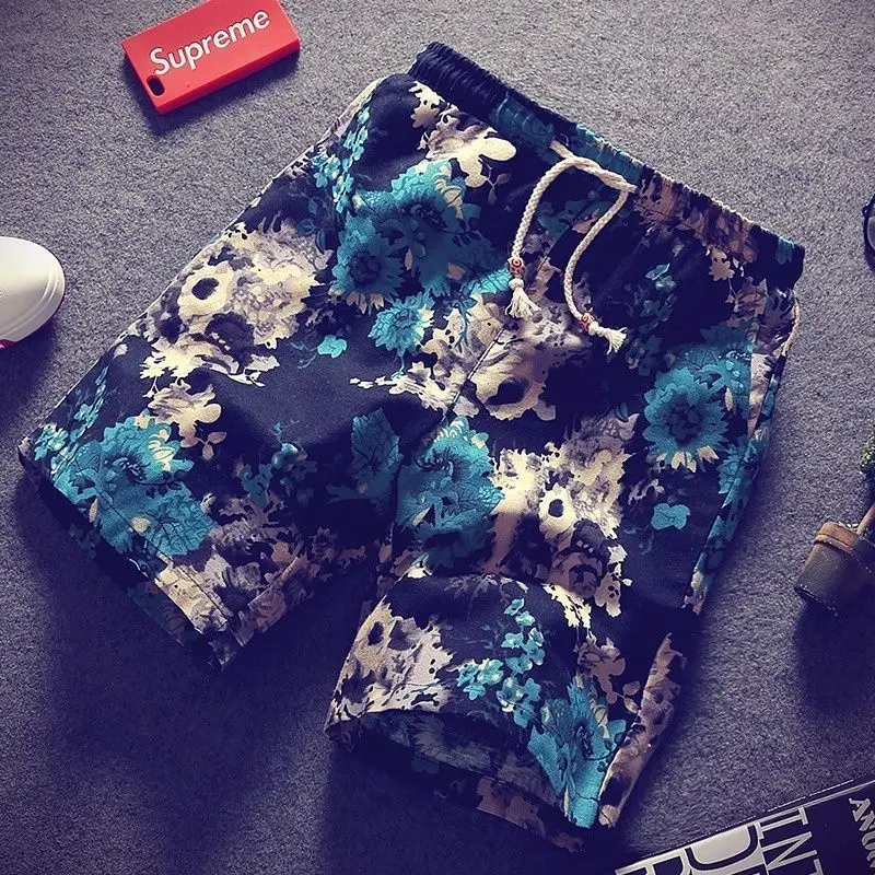 

Mens Summer Cotton Linen Casual Beach Floral Printed Shorts Loose Short Drawstring Knee Length Trousers Fashion 204-999