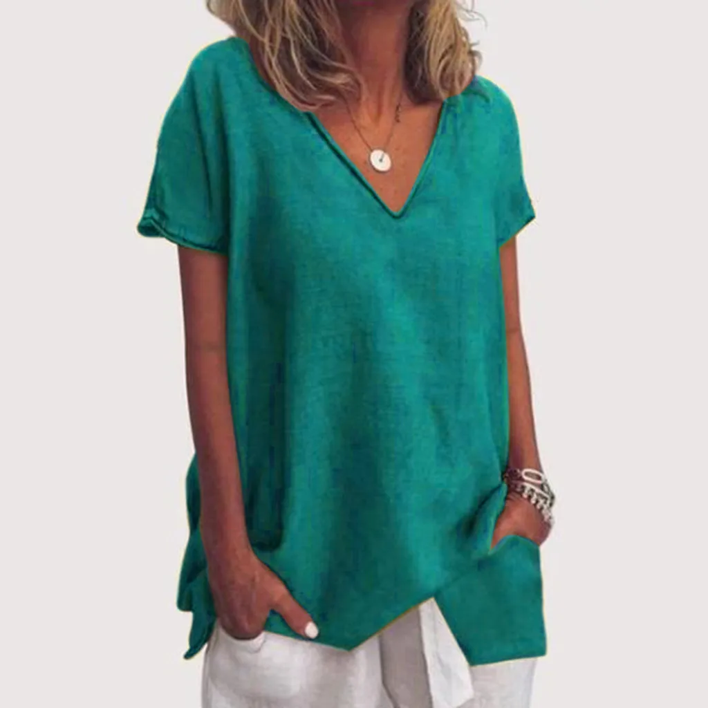 Женская блузка с коротким рукавом простые базовые свободные футболки v-образным