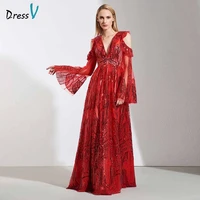 dressv elegant red long sleeves lace evening dress a line zipper up wedding party formal dress zipper up evening dresses