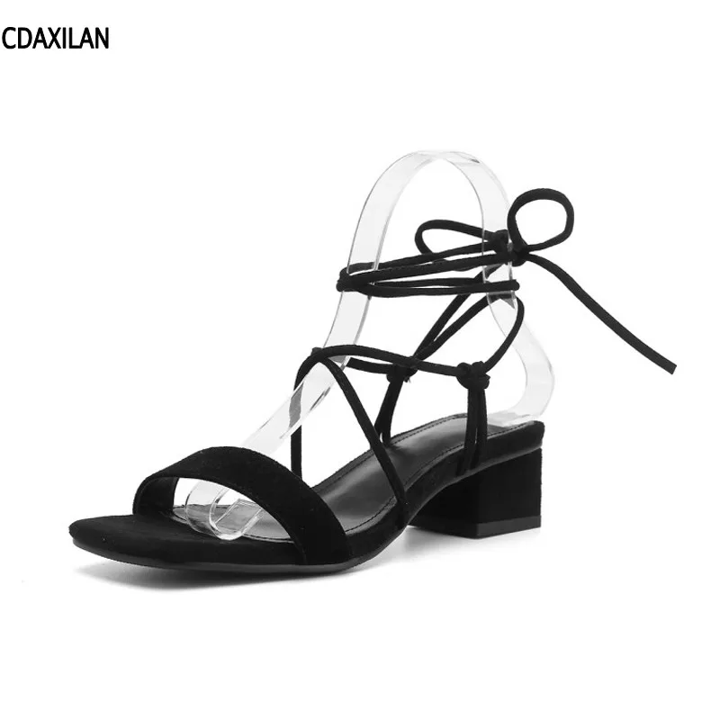 

CDAXILAN new arrivals sandals women genuine sheepskin ankle strap 3.5 CM middle square heels casual shoes ladies summer peep toe