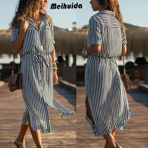 Женское платье рубашка в полоску Boho повседневное пляжное макси с длинным рукавом