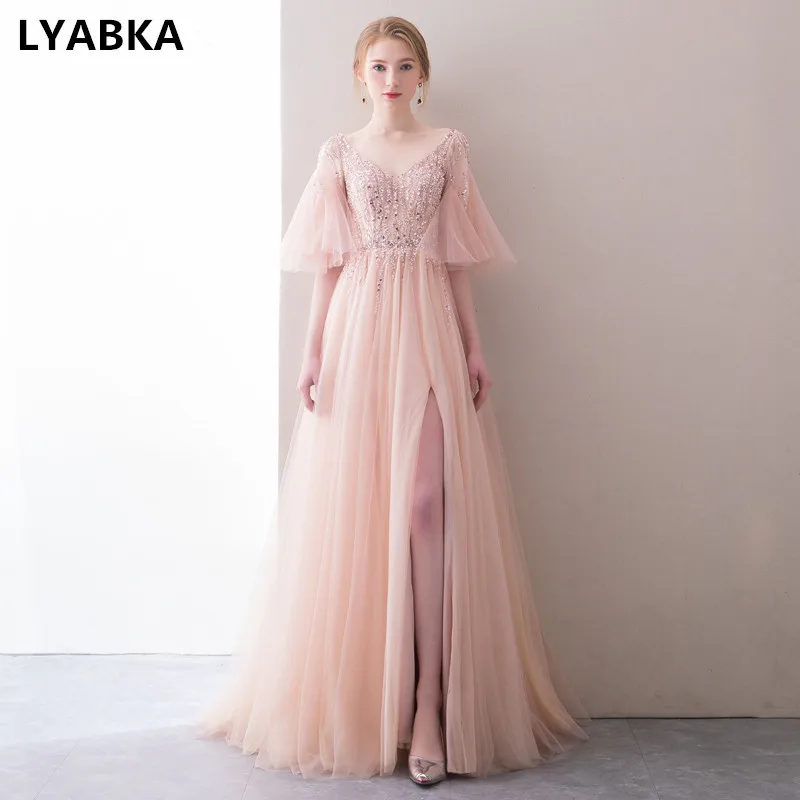 Вечернее платье A-образного силуэта с полурукавами, розового цвета, длинное арабское кафтан с V-образным вырезом на 2019 год - Роб де Суаре.