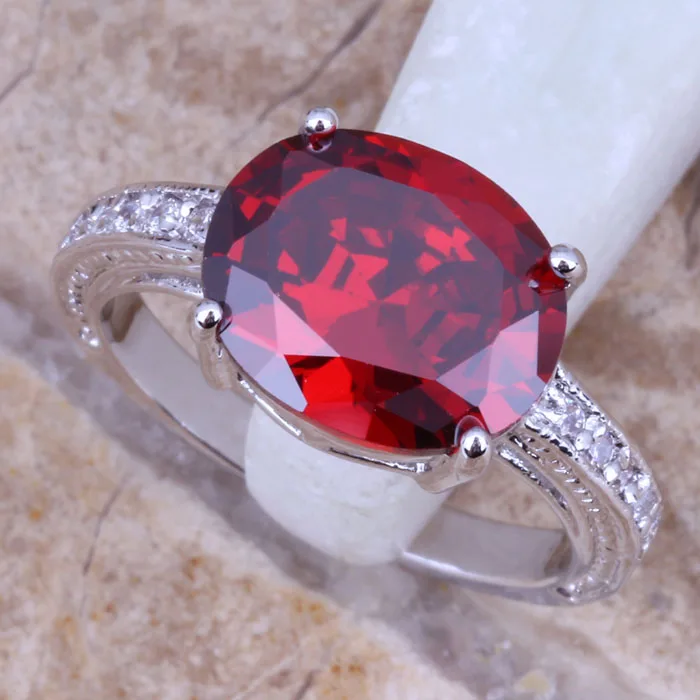 Светящееся овальное красное гранат белое CZ посеребренное модное кольцо Размер