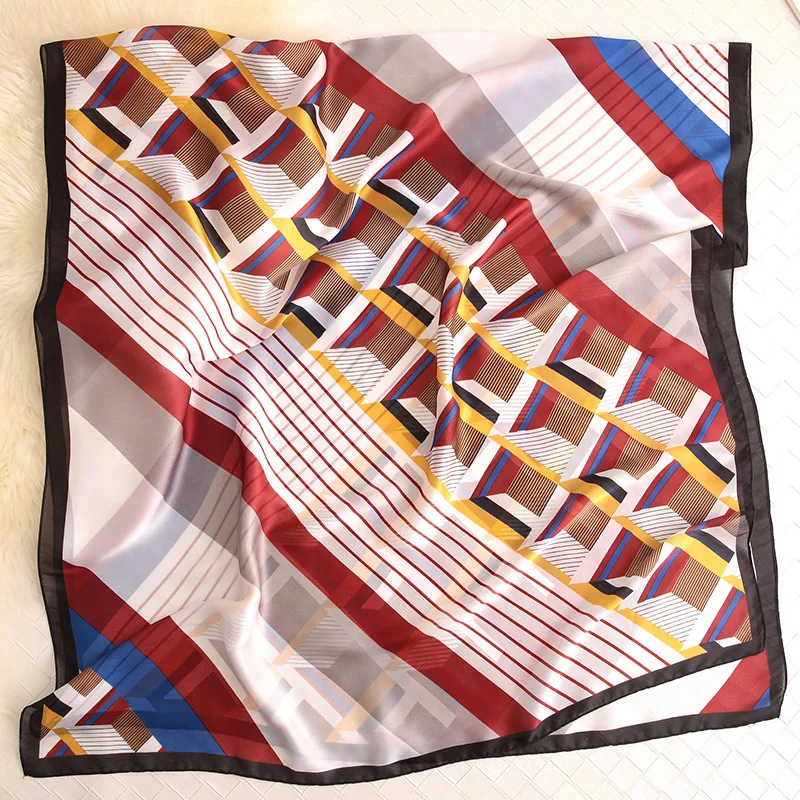 

Koi Leaping New Striped lattice Print Silk Scarf Female Summer Sunscreen Shawl Autumn Famous Wind Scarf Beach Scarf hot sale