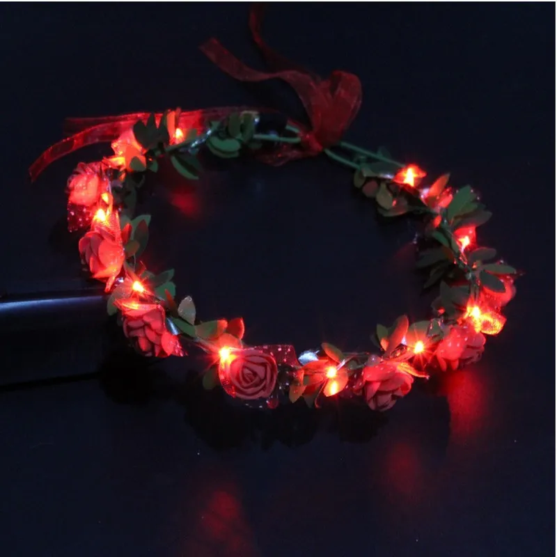 

New LED Glow Flashing Flower Headband Ribbon Garland Women Girls Wedding Floral Hairband Halloween Glow Party Supplies