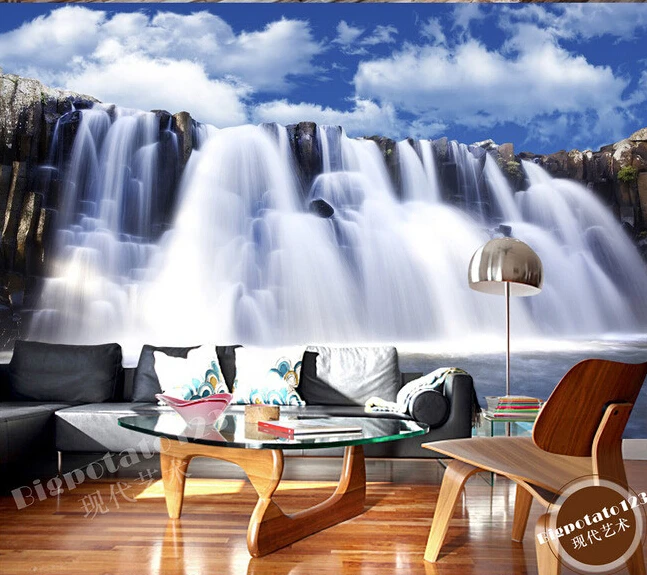 

Custom 3D murals,blue sky and white clouds grand waterfall scenery, living room sofa TV bedroom background wallpaper