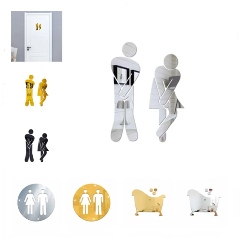 Woman&Man Toilet Sign Mirror Wall Sticker 3D Removable Bathroom Mirror Stickers for Home Hotel Washroom Door Sign Mirror Sticker