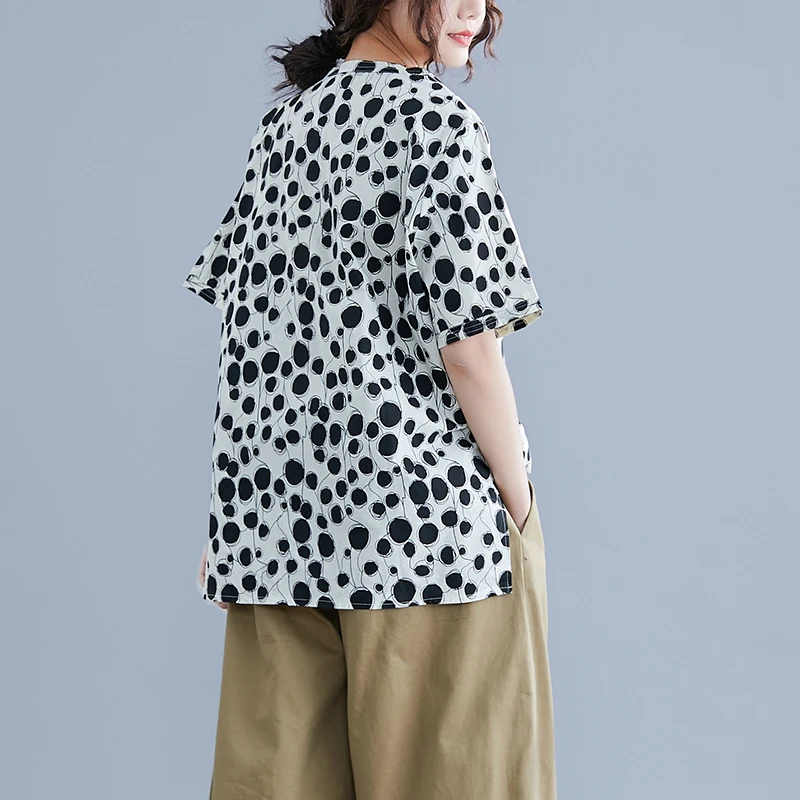 

2019 Summer Women Fashion Elegant Dots Print Tops Ladies Female Short Sleeve Cotton Linen Loose Blouse Shirt Blusas