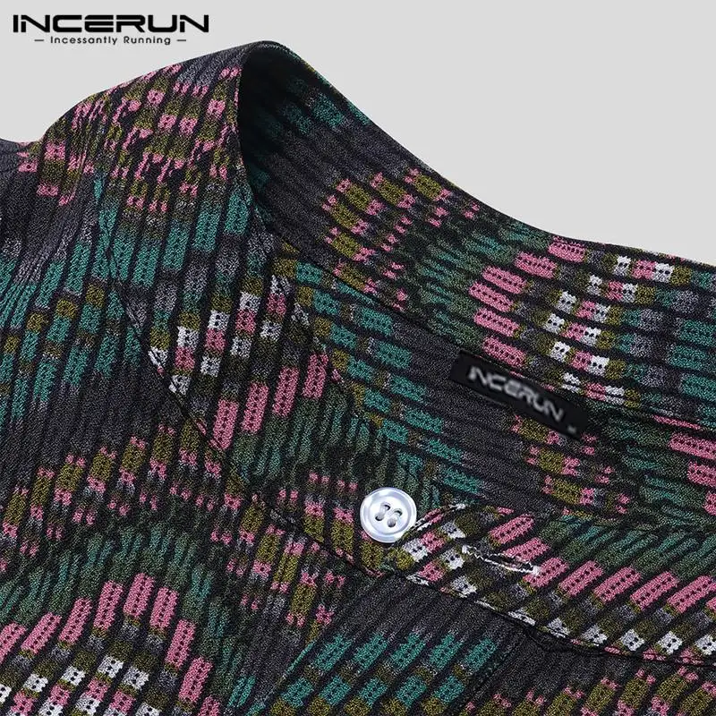 INCERUN Print Men Hawaiian Shirt Stand Collar Camisa Short Sleeve Button Up Tops Vintage Casual Shirts Men Streetwear S-5XL