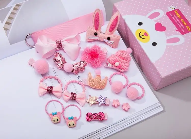 Pink Rabbit 18 шт./компл. милый ребенок Аксессуары для волос маленькая Заколка Для Девочек резинки Рождественский подарок коробка упаковки детские шпильки для волос Зажимы набор - Цвет: Pink Rabbit