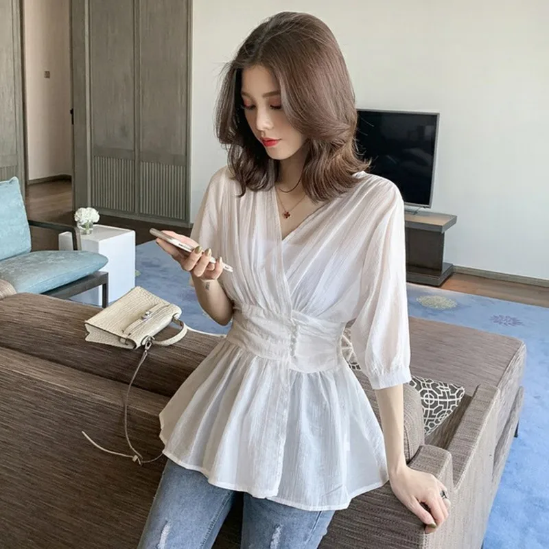

Women Solid Slim Waist Short Sleeve Chiffon Blouse Women Casual V-Neck Blouses Shirts 2019 New Fashion Chic Shirts Tops