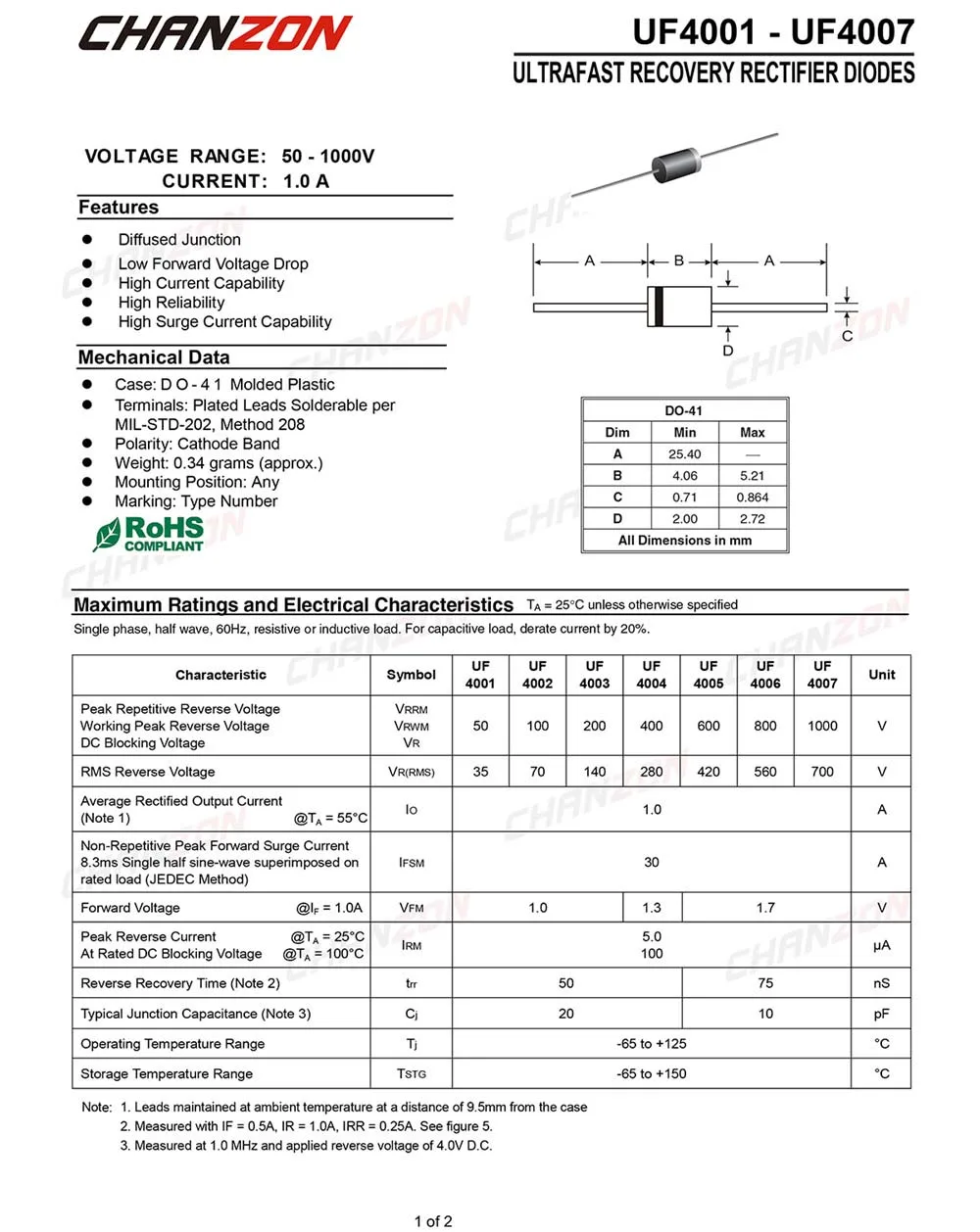 (100 шт.) UF4007 Ultra быстрое восстановление выпрямительного диода 1A 1000 V 50-75ns DO-41 (DO-204AL)