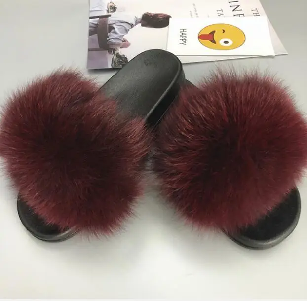 Wine Red COOLSA/женские нескользящие шлепанцы на плоской подошве с лисьим мехом; женские меховые шлепанцы; женские плюшевые меховые тапочки; Прямая поставка; обувь на меху; женская обувь; Лидер продаж - Цвет: Wine Red