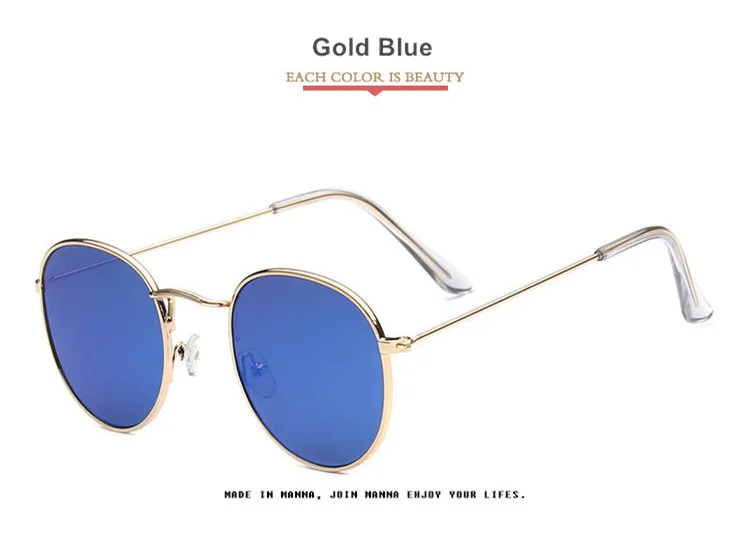 Gold Blue Женские круглые солнцезащитные очки, мужские винтажные отражающие зеркальные очки с покрытием, женские трендовые брендовые круглые оправы, женские очки - Цвет линз: Gold Blue