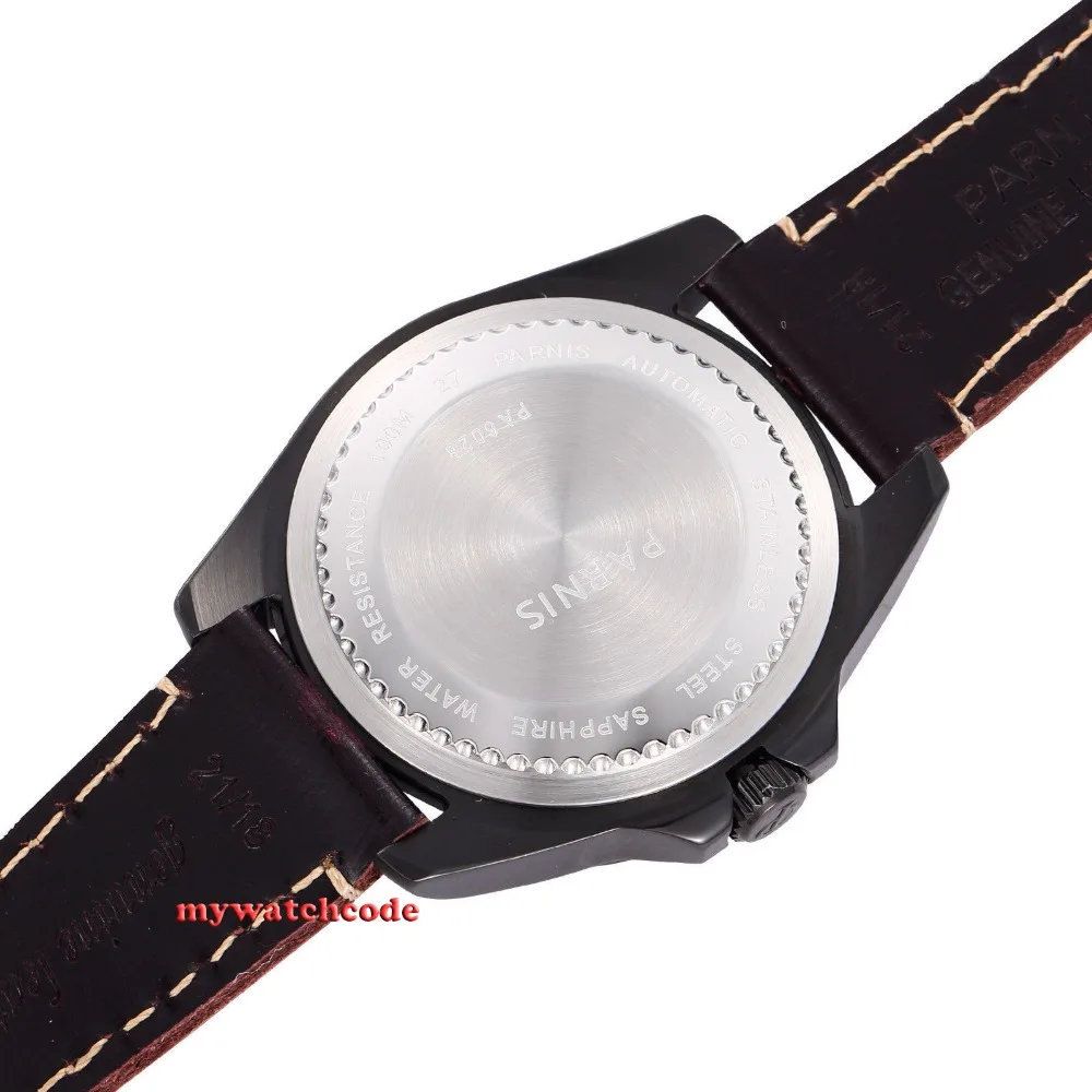 Мужские автоматические часы с сапфировым стеклом Parnis черным циферблатом PVD 21