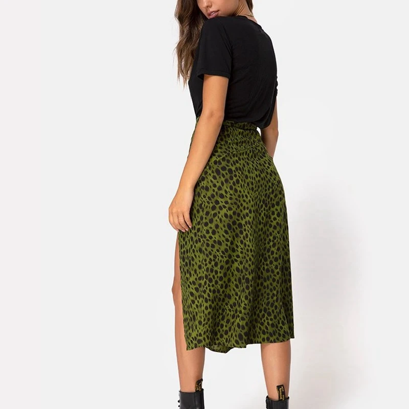 

Women Leopard Button Strap Dress and High Waist Split Skirt Party Summer Beach Dress