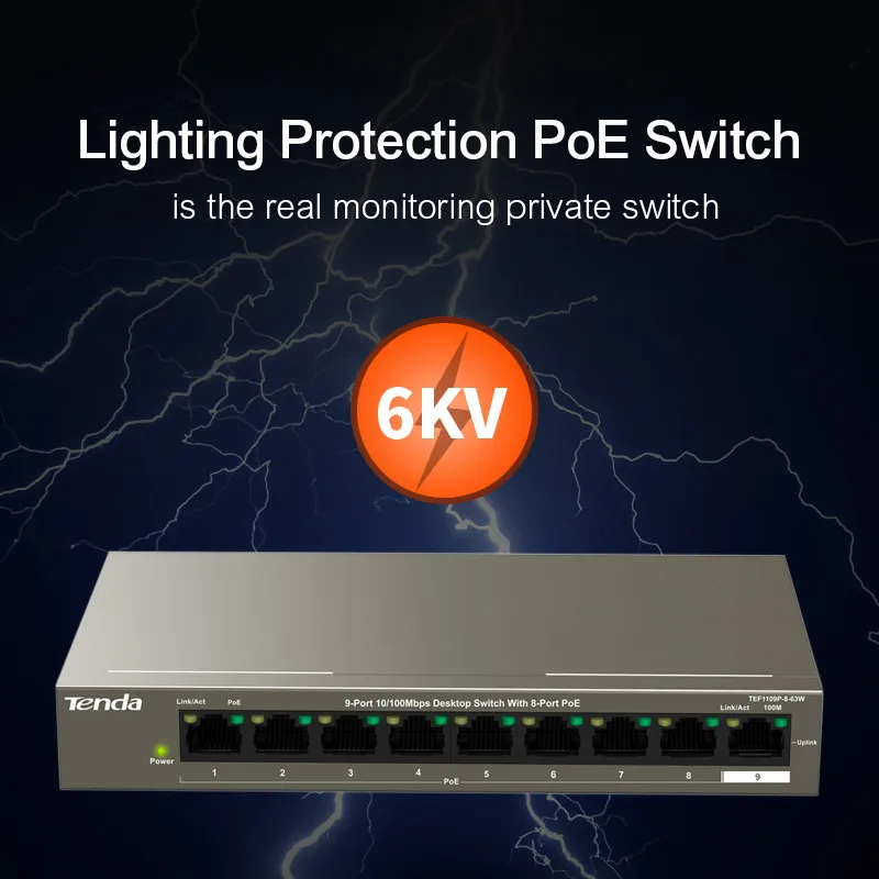 Tenda TEF1109P 8 63W Fast Ethernet полнодуплексный коммутатор 10/100 Мбит/с мощность 1 Гбит/с 58 Вт 250