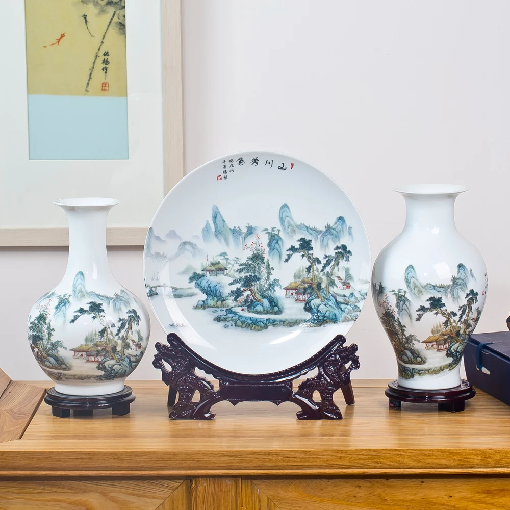 

Jingdezhen Ceramics Vase Set Landscape Chinese style Home Furnishing Vase Plate Decoration