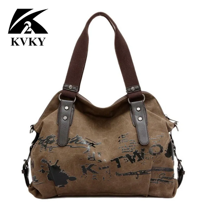 KVKY винтажная Холщовая Сумка Женская дорожная сумка большой емкости Повседневная