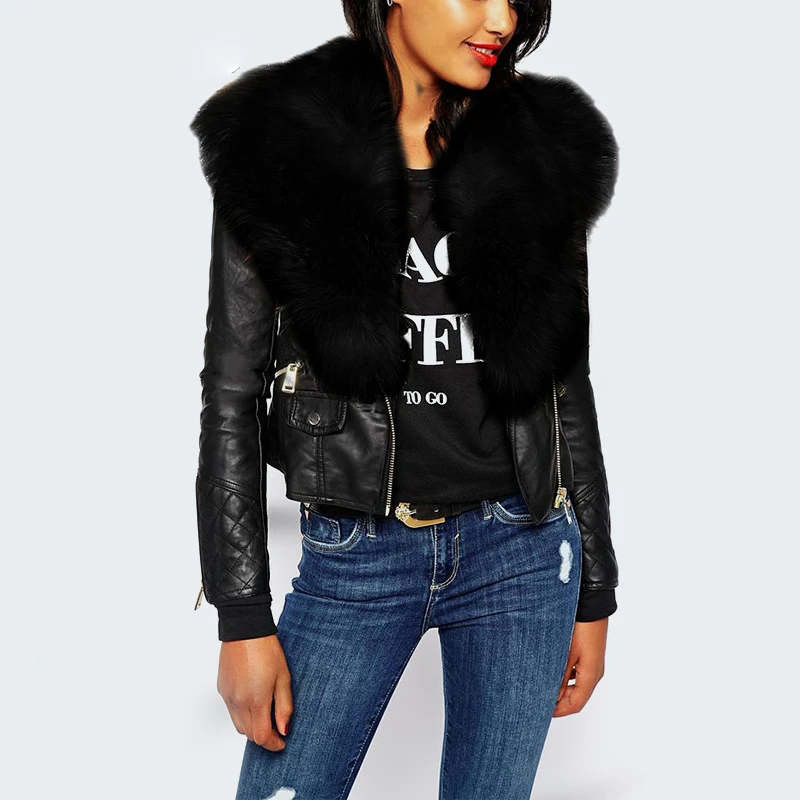 Motorcycle Jacket Top Quality Women Warm Winter Leather Fur Collar Zipper Short Waist Coat Overcoat Parkas Big Size XXXL Q4724 | Женская