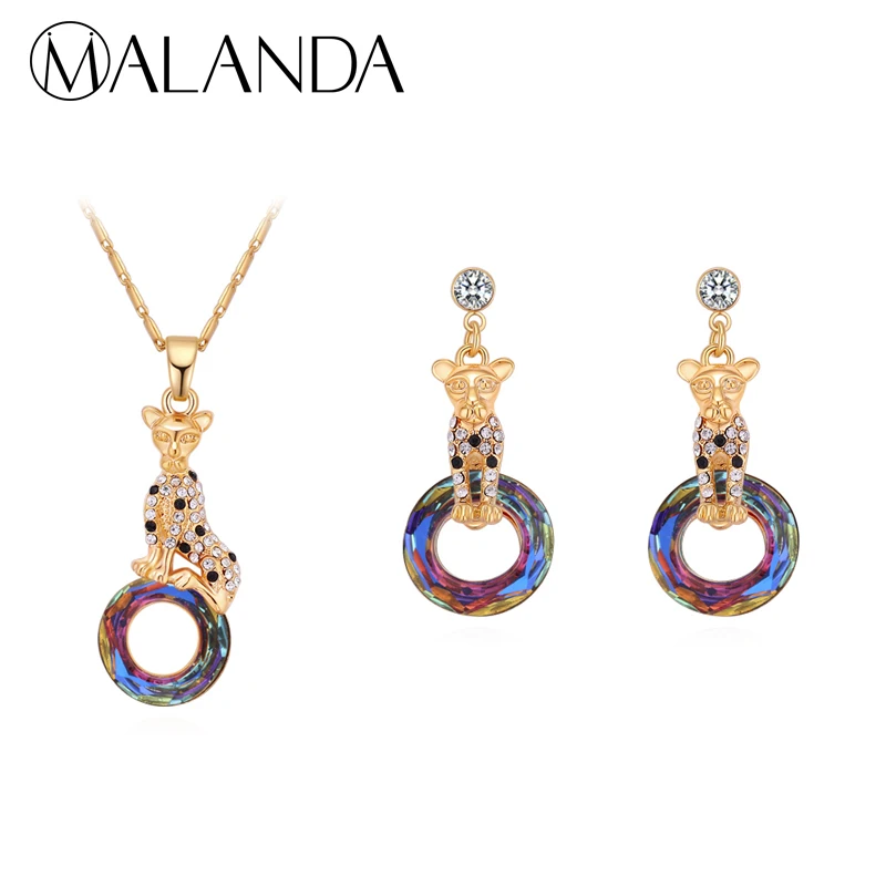 MALANDA кристаллами от Swarovski Комплект золото цвет ожерелье с леопардом Висячие