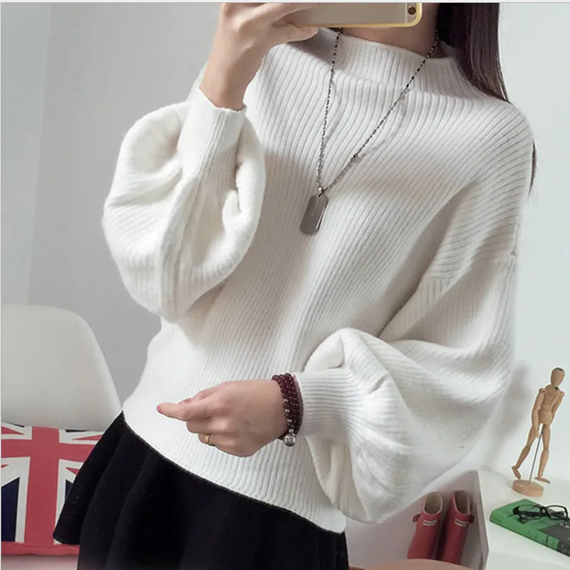 Venlilulu Autumn Winter Turtleneck Sweater Women Puff Sleeve Female Pullover Loose Knitted Lantern Sweaters Tops | Женская одежда