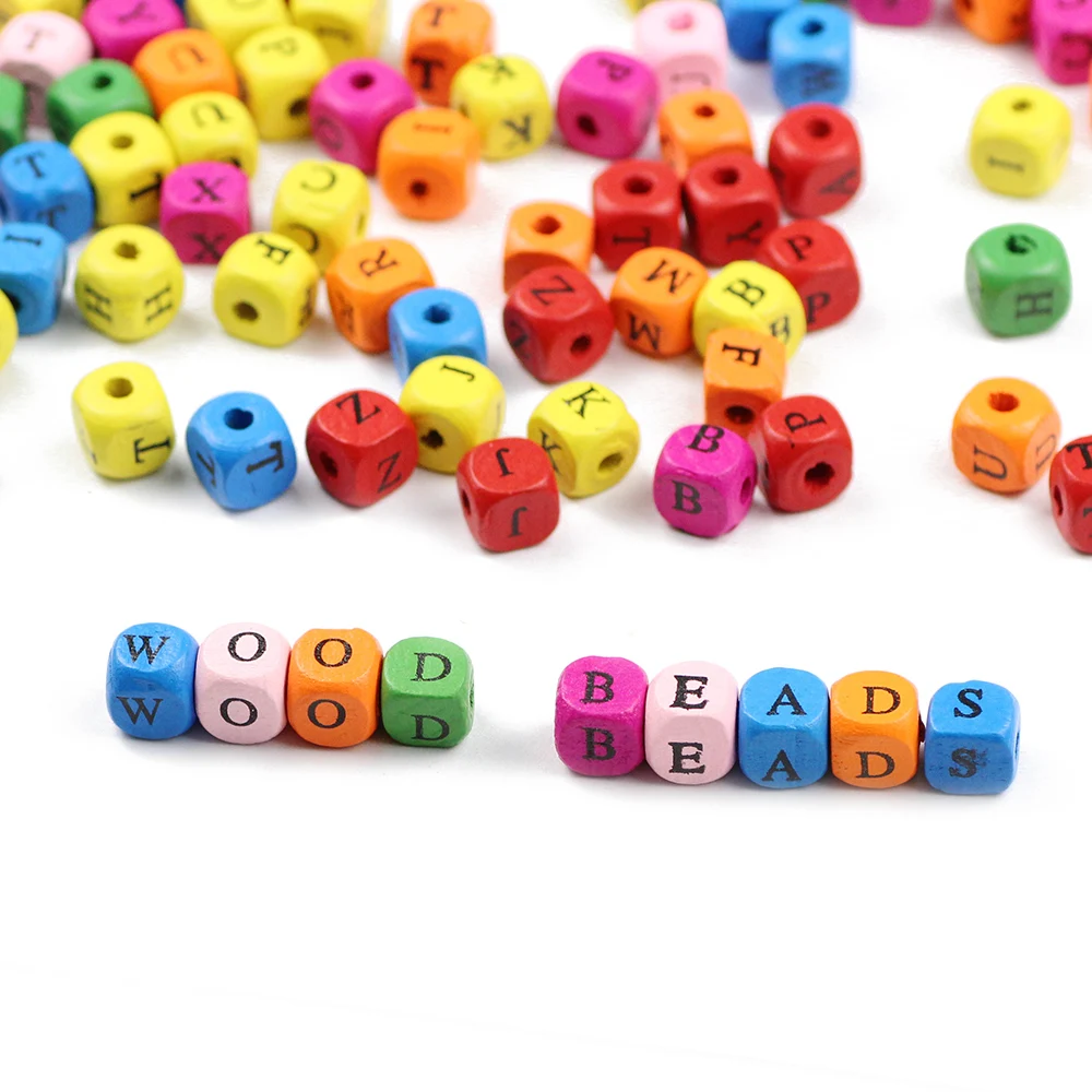 

BTFBES Random color 50Pcs Mixed Letters Wood Beads 10mm Square Alphabet Charm Spacer Loose beads for Jewelry Bracelet Making DIY