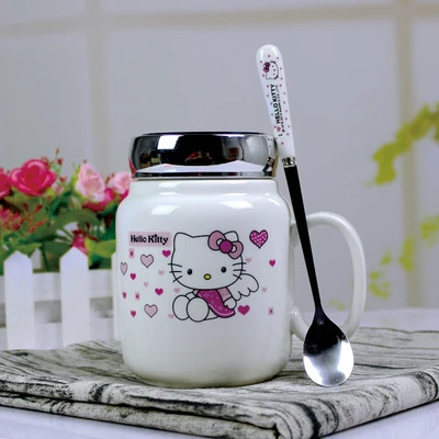 С изображением героев из мультфильмов, 1 штука, цветочная керамическая 550 мл Кофе чашка для молока, чая чашки с Ложка Крышка - Цвет: KT D