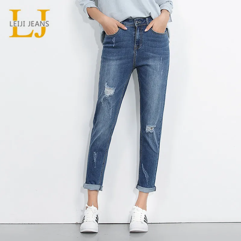 Женские свободные джинсы LEIJIJEANS модные &quotрваные&quot синие джинсовые брюки полной