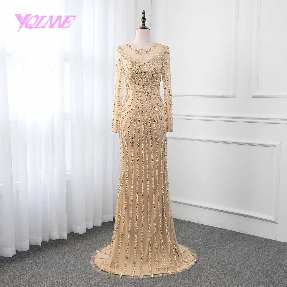 YQLNNE vestido de festa, длинный рукав, Русалка, Вышитое кристаллами вечернее платье, бисероплетение, формальное платье, прозрачные платья для торжеств - Цвет: Золотой