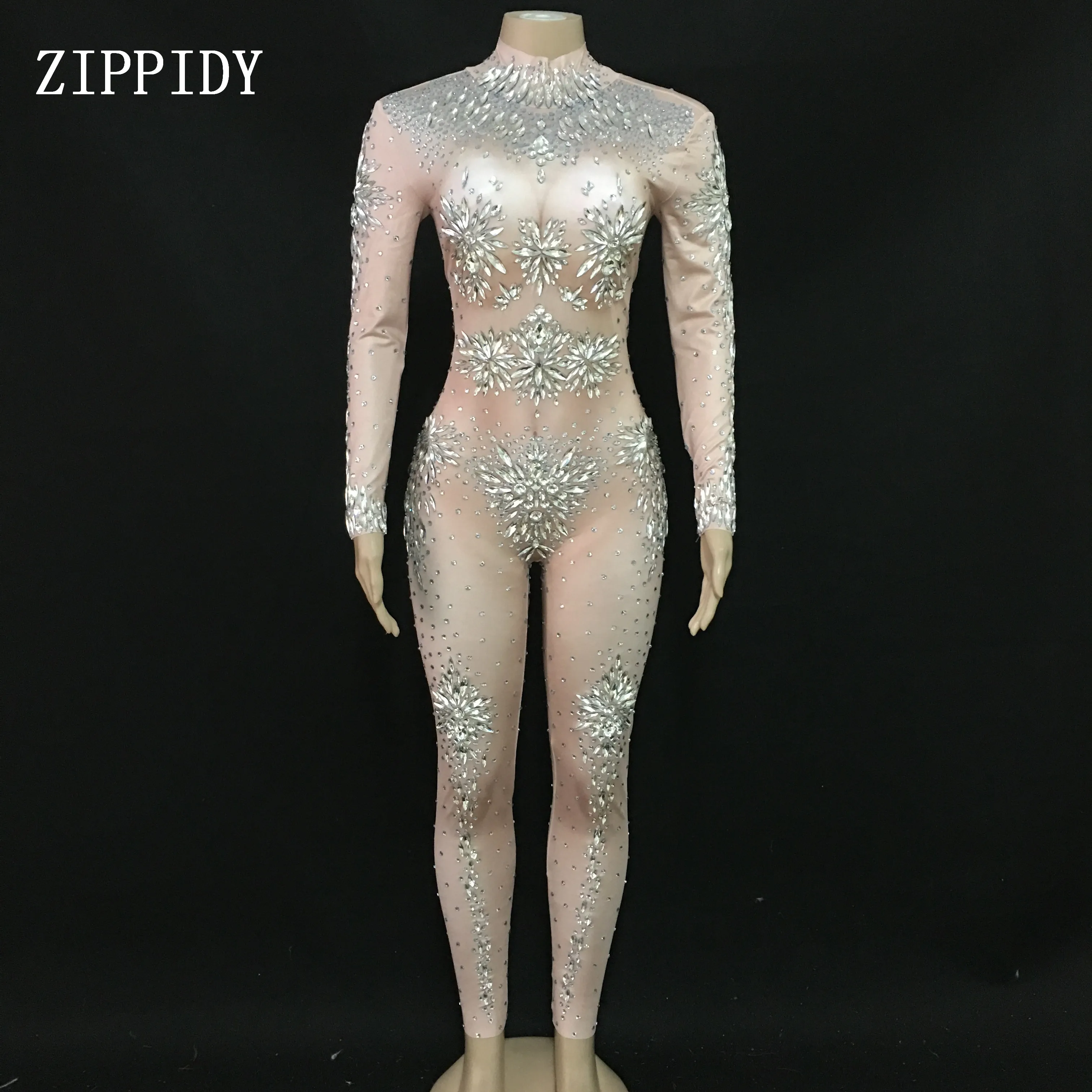 2 Styles Silver Big Rhinestones See Through Stones Jumpsuit Women Birthday Bodysuit Evening Women Singer Show Mesh Wear YOUDU
