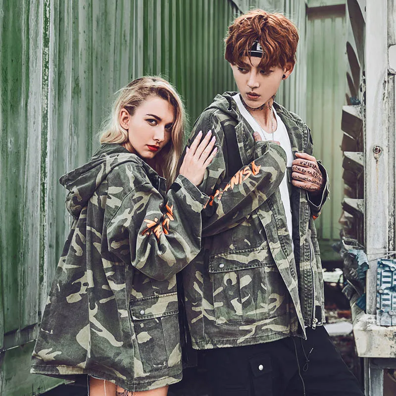 Mens Hip Hop Hooded Jacket Windbreaker Harajuku Vintage Camo Hoodie Jackets Coat Autumn 2018 Camouflage Washed Denim Streetwear | Мужская